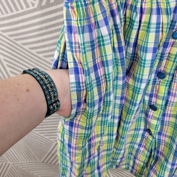 Vintage Pastel Plaid Dress Size Large flare Pleated Button Front Blue Yellow - Picture 4 of 6